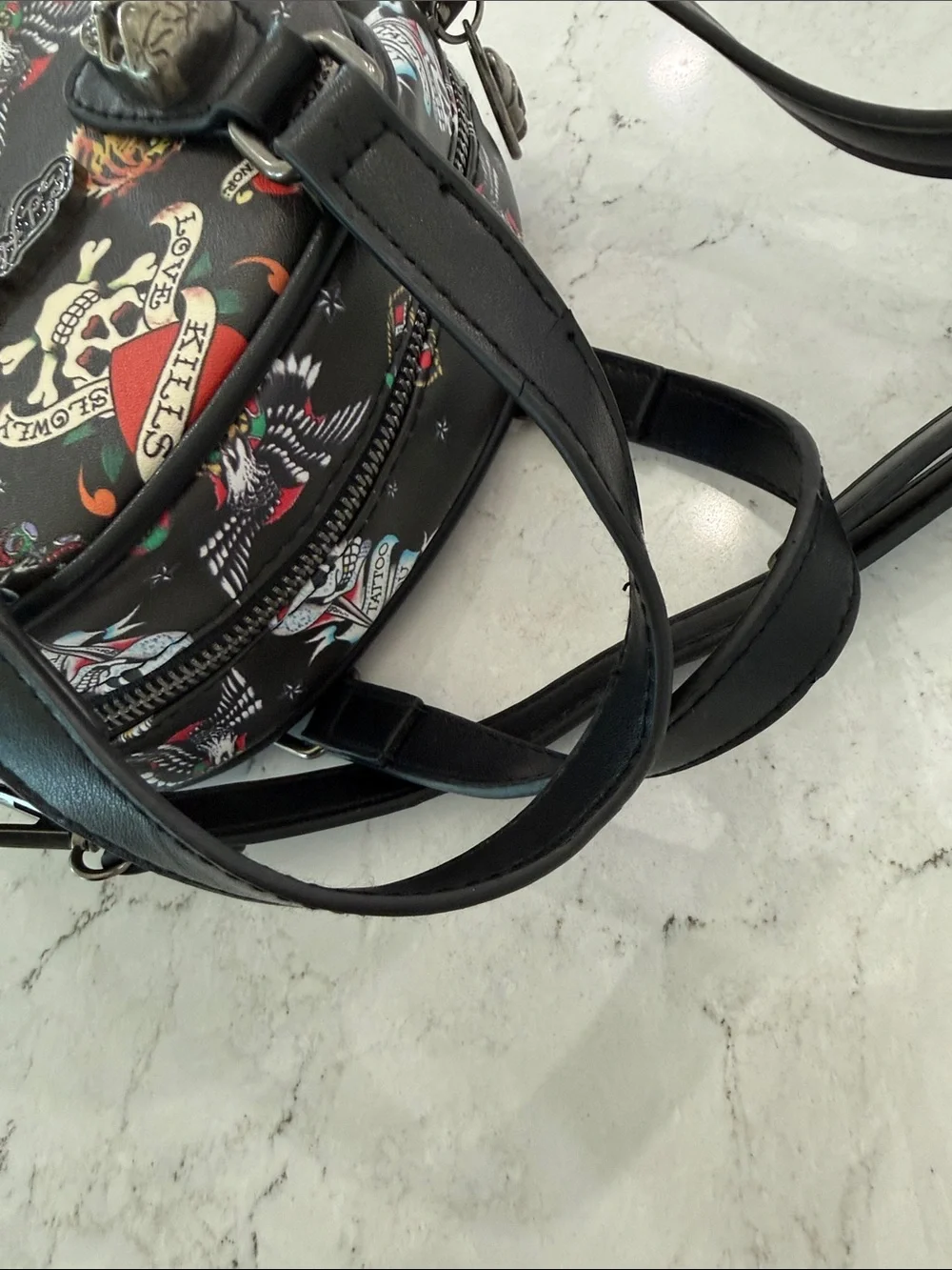 Ed Hardy Y2K Tattoo Flash Dome Satchel Crossbody Bag Black Skull Hardware